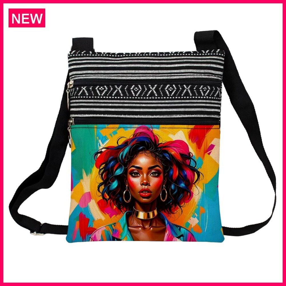 Small Crossbody Bag with Adjustable Strap, Zipper Pockets, Ethnic Pattern